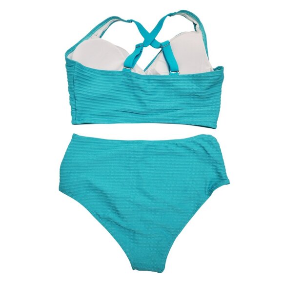 Womens Teal Textured High-Waisted Bikini Set Size L Swimsuit - Picture 3 of 5